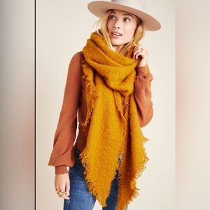 Anthropologie Mustard Yellow Fringed Large Cozy Wrap Scarf